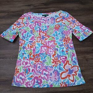 LRL Colorful Floral Knit Cotton Top Boatneck Size L Large Short Sleeve
